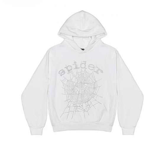 Sp5der OG Rhinestone Logo Hoodie White