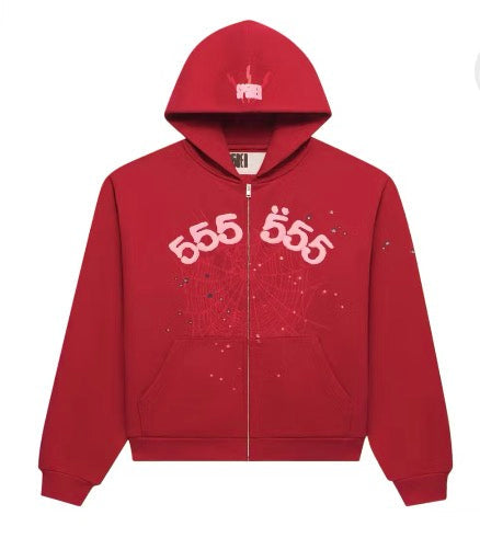 Sp5der Angel Numbers Zip Hoodie Red