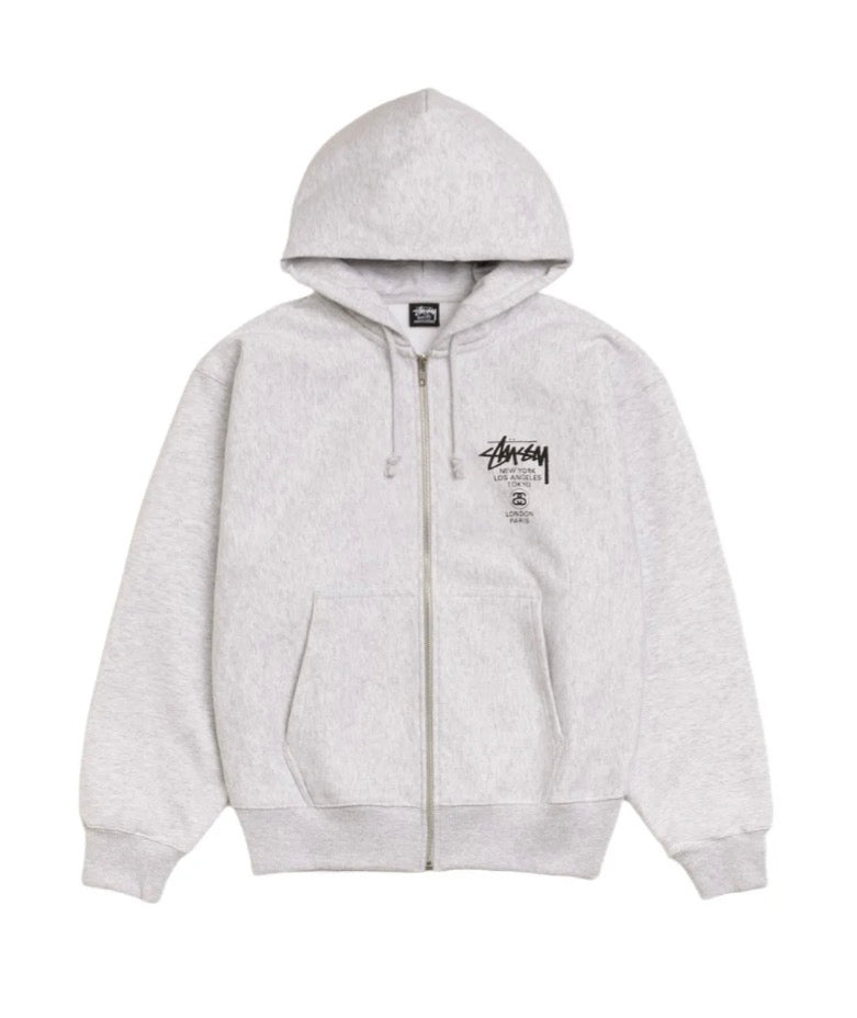 Stussy World Tour Zip Up Hoodie Grey